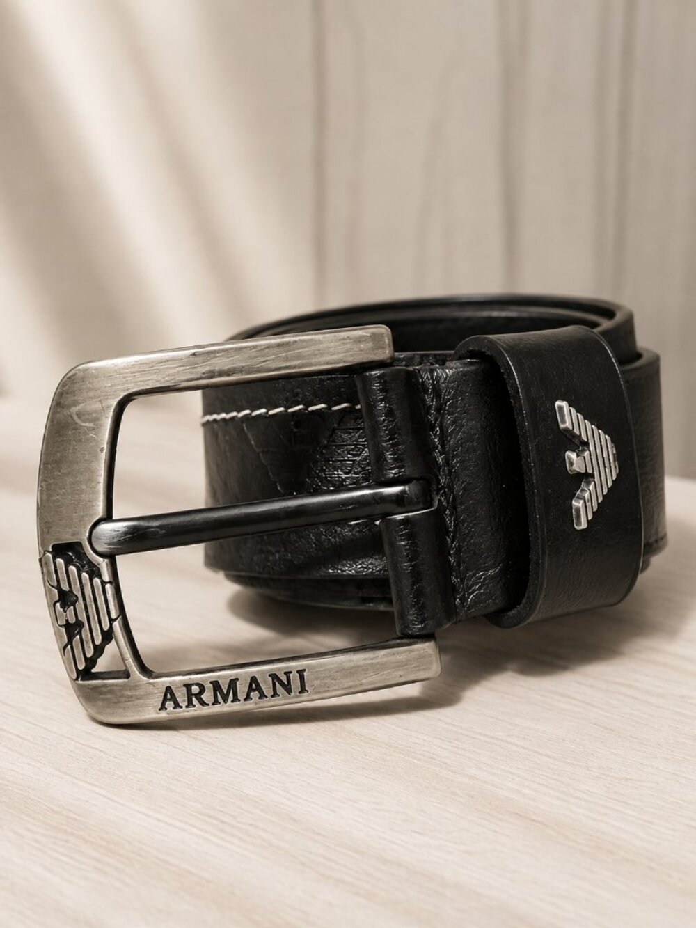 Armani Jeans Black Leather Belt with Branded Metal Buckle